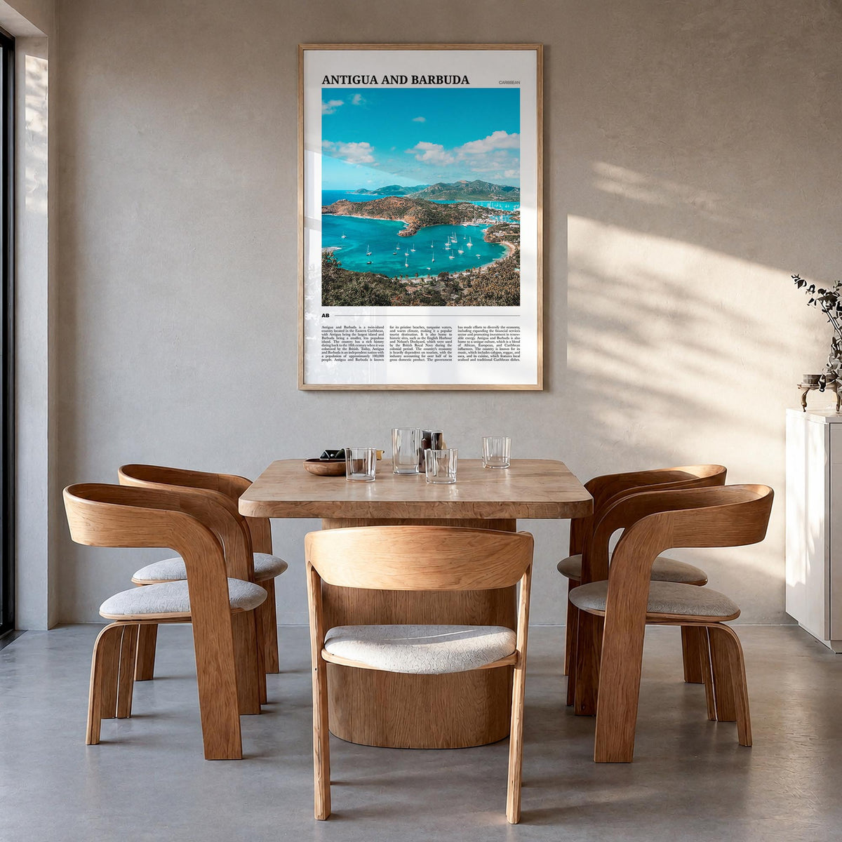 Antigua and Barbuda colorful travel poster of Caribbean – vertical wall art in natural wood frame, hanging on wall