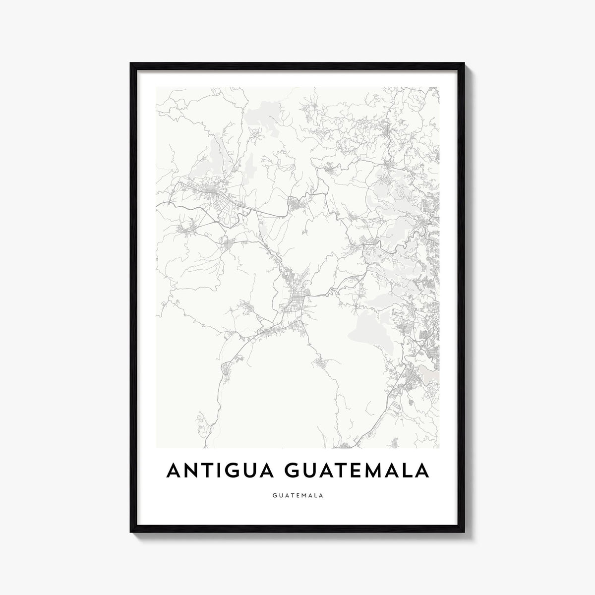 Antigua Guatemala black & white map poster of Guatemala – vertical wall art, unframed print shown in interior mockup