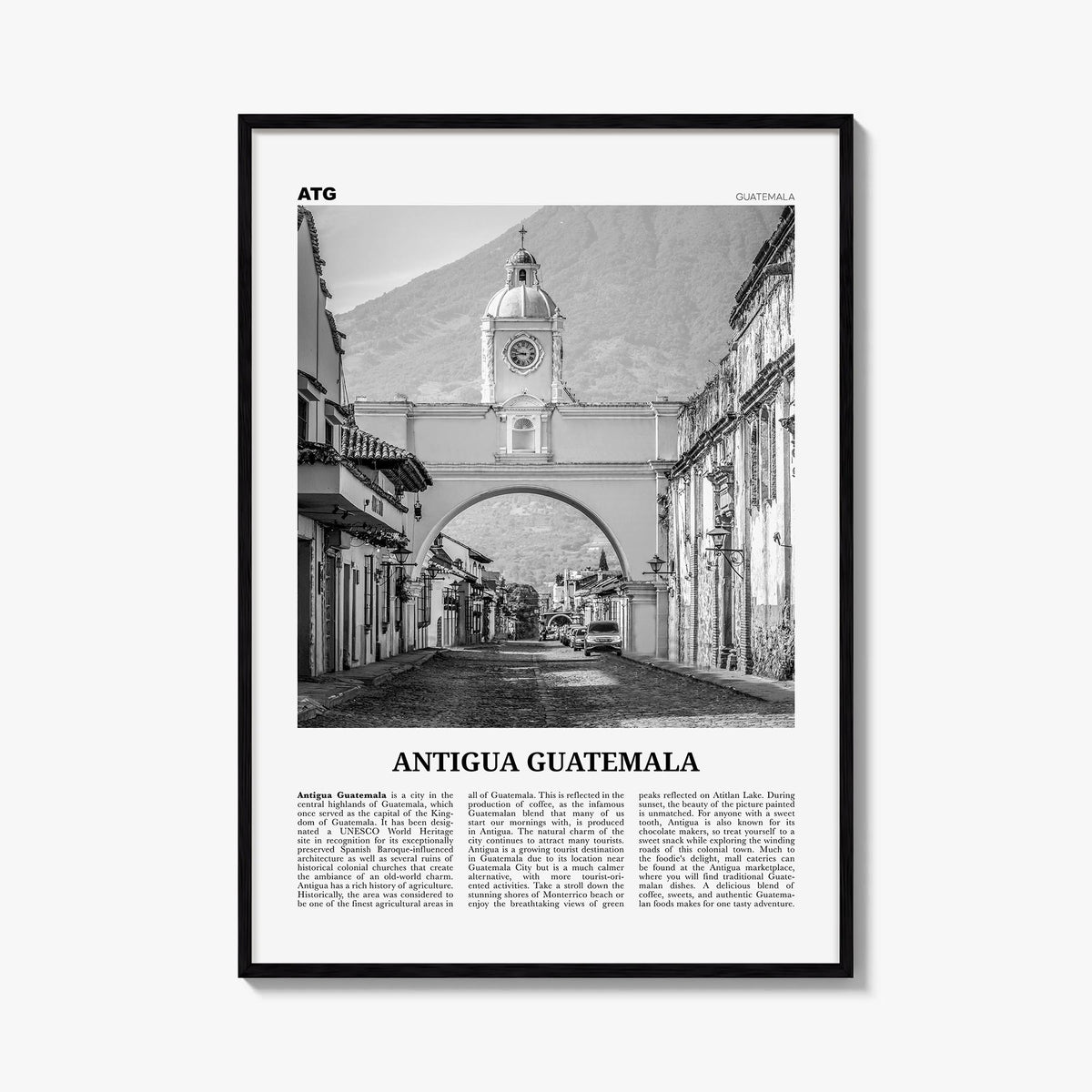 Antigua Guatemala black & white newspaper poster of Guatemala – vertical wall art, unframed print shown in interior mockup