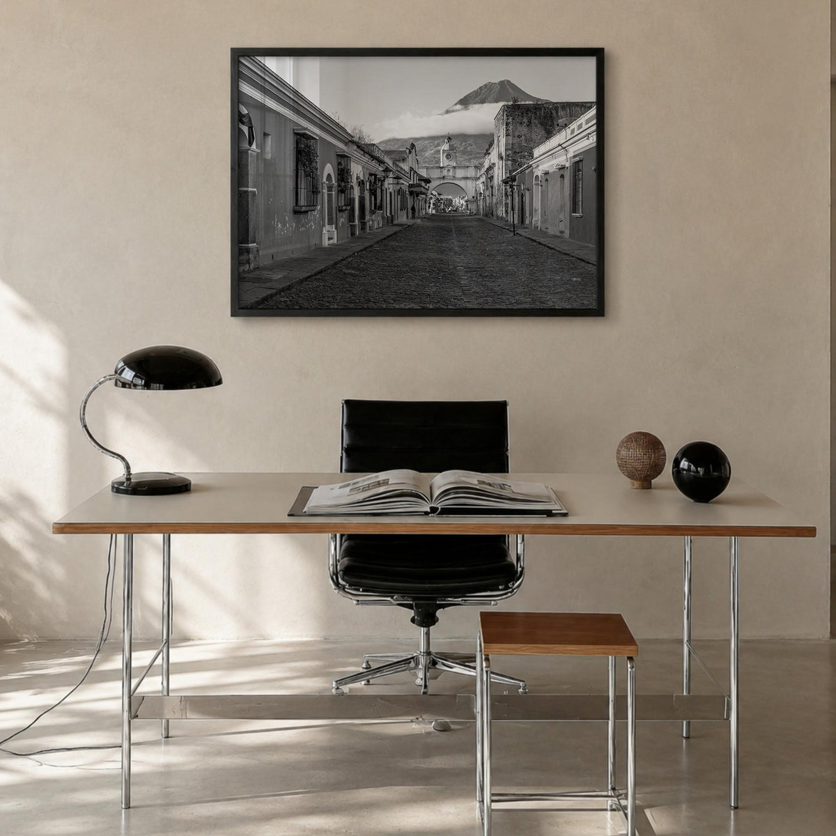 Antigua Guatemala black & white photo poster of Guatemala – horizontal wall art in black wood frame, hanging on wall