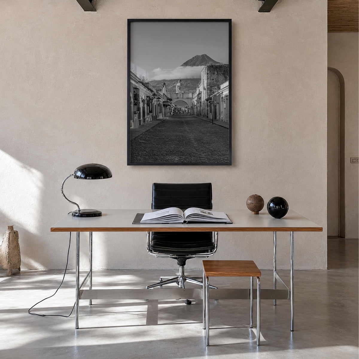 Antigua Guatemala no. 1 black & white photo poster of Guatemala – vertical wall art in black wood frame, hanging on wall