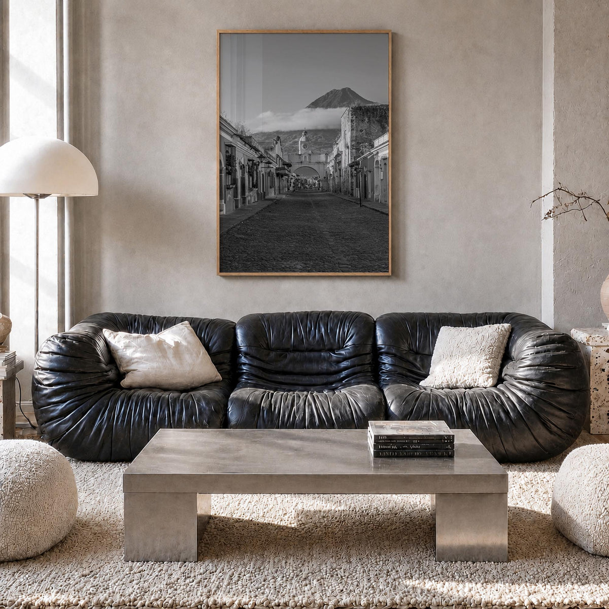 Antigua Guatemala no. 1 black & white photo poster of Guatemala – vertical wall art in natural wood frame, hanging on wall