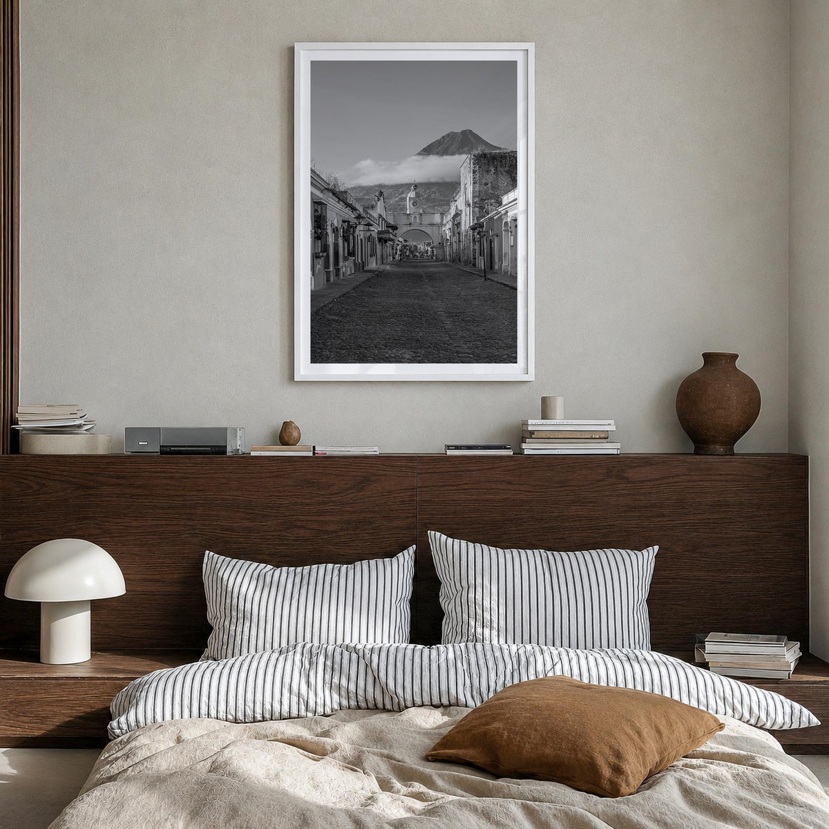 Antigua Guatemala no. 1 black & white photo poster of Guatemala – vertical wall art in white wood frame with white border, ha