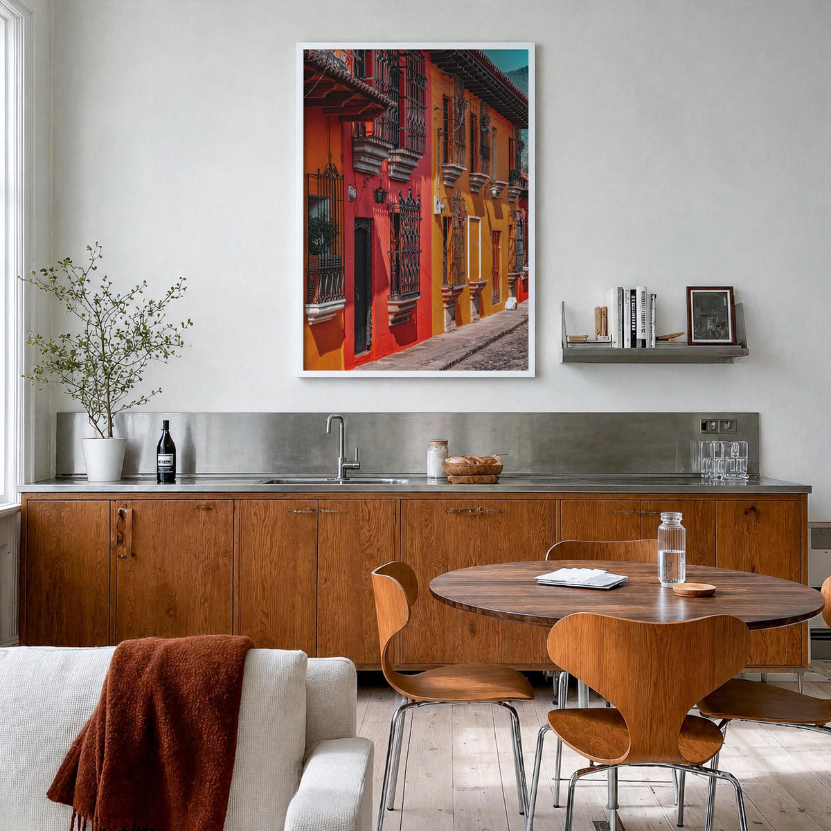 Antigua Guatemala no. 2 colorful photo poster of Guatemala – vertical wall art in white wood frame, hanging on wall