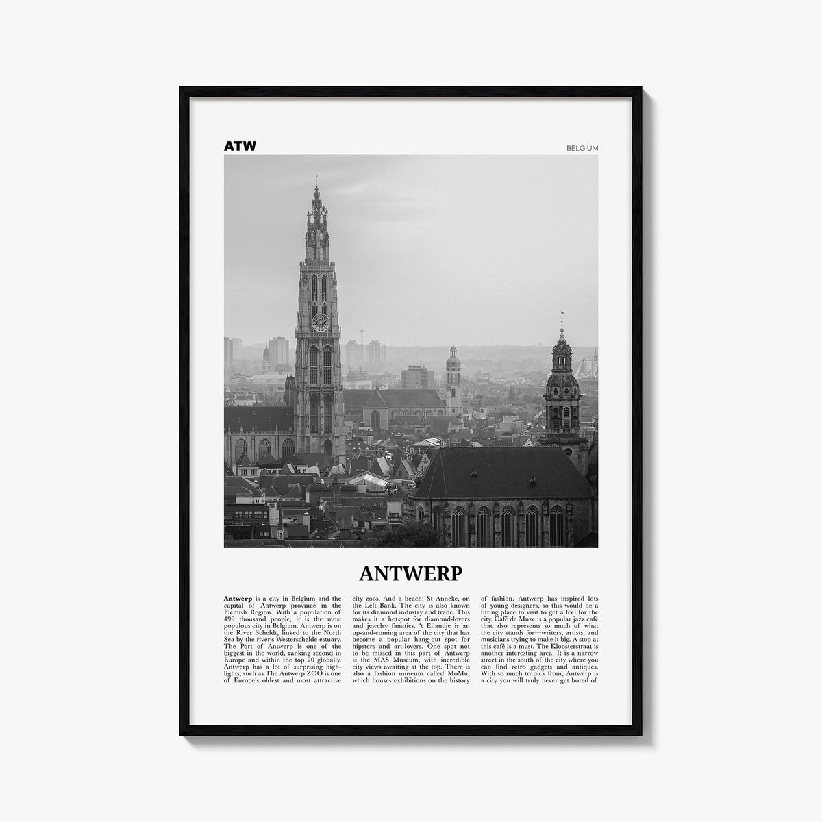 Antwerp black & white newspaper poster of Belgium – vertical wall art, unframed print shown in interior mockup