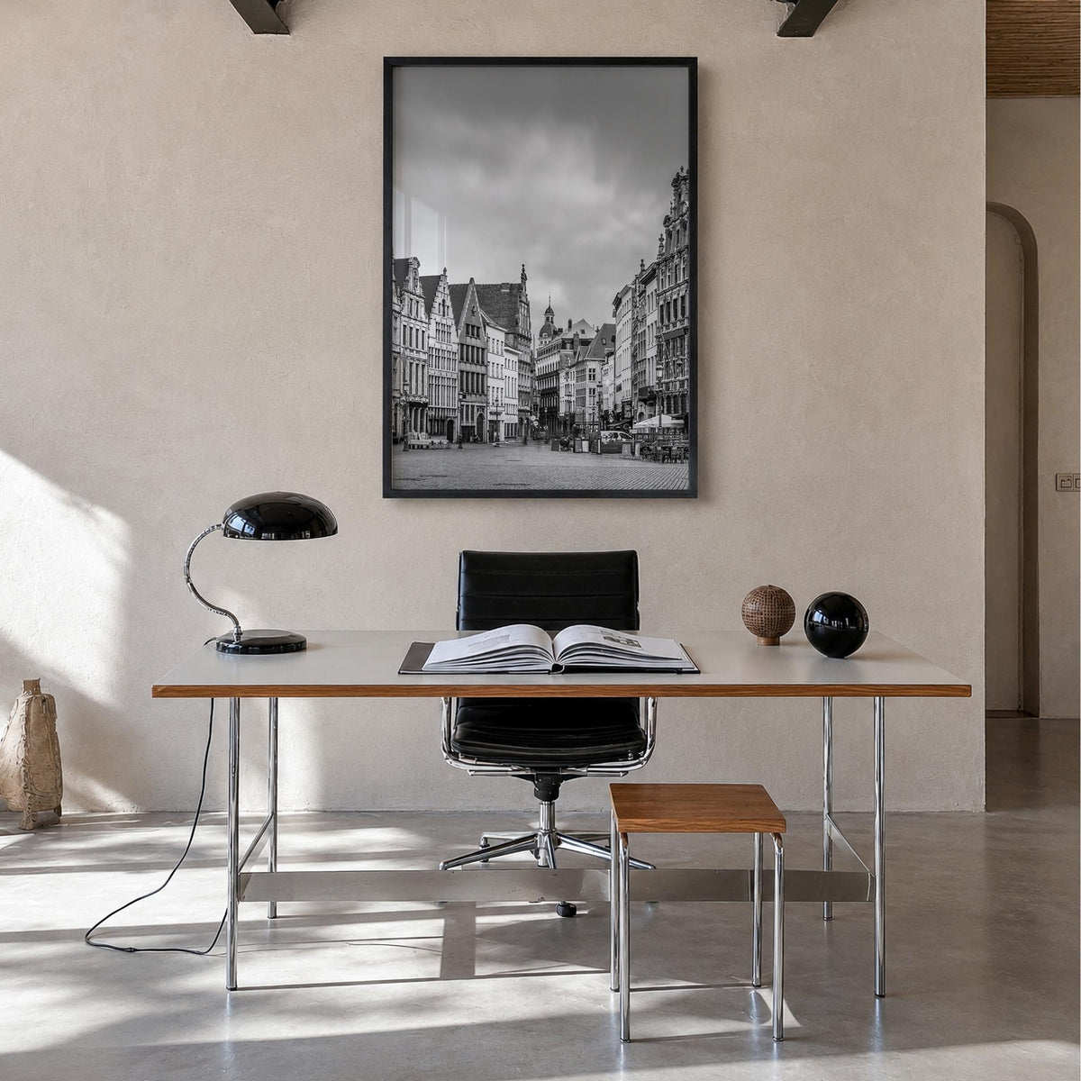 Antwerp black & white photo poster of Belgium – vertical wall art in black wood frame, hanging on wall