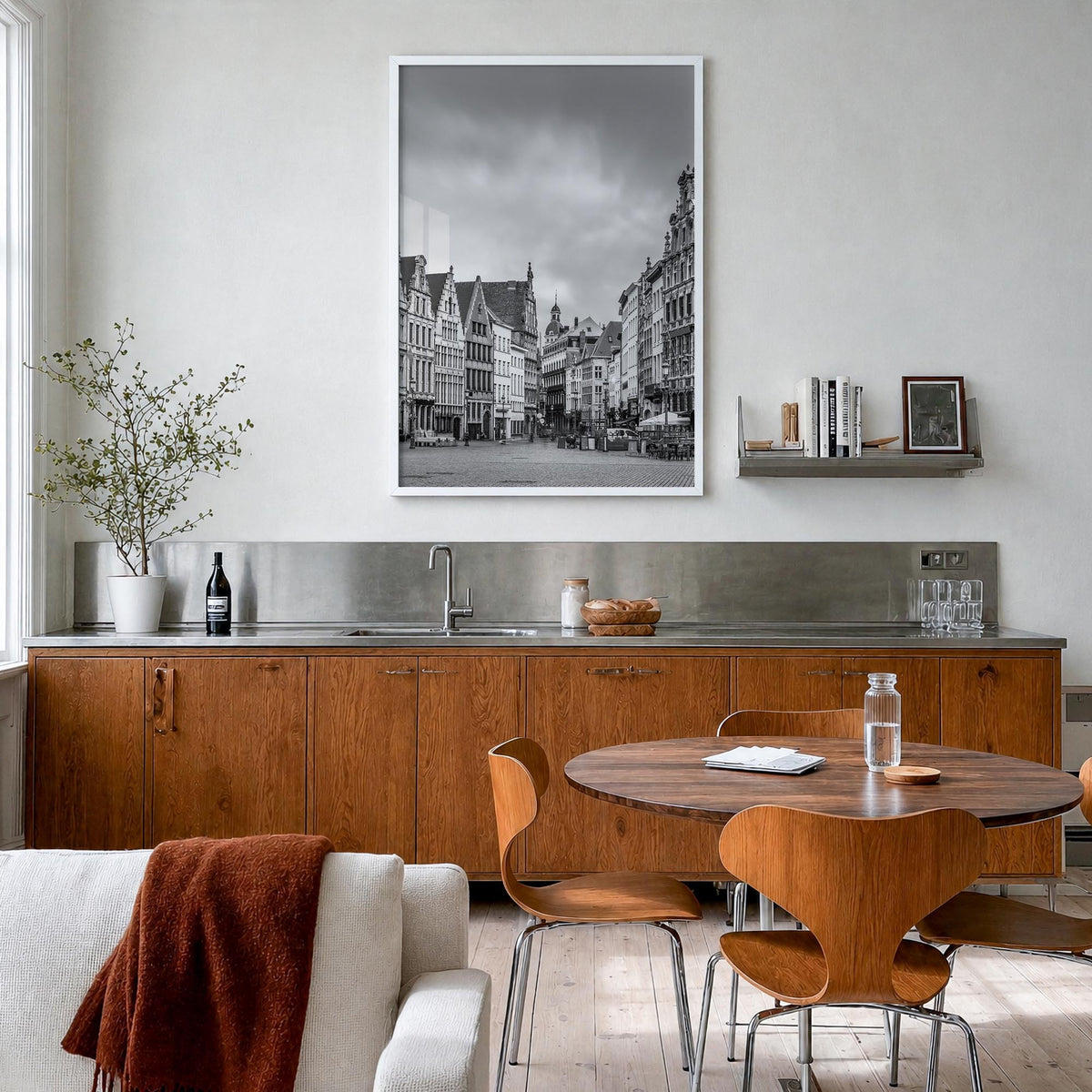 Antwerp black & white photo poster of Belgium – vertical wall art in white wood frame, hanging on wall