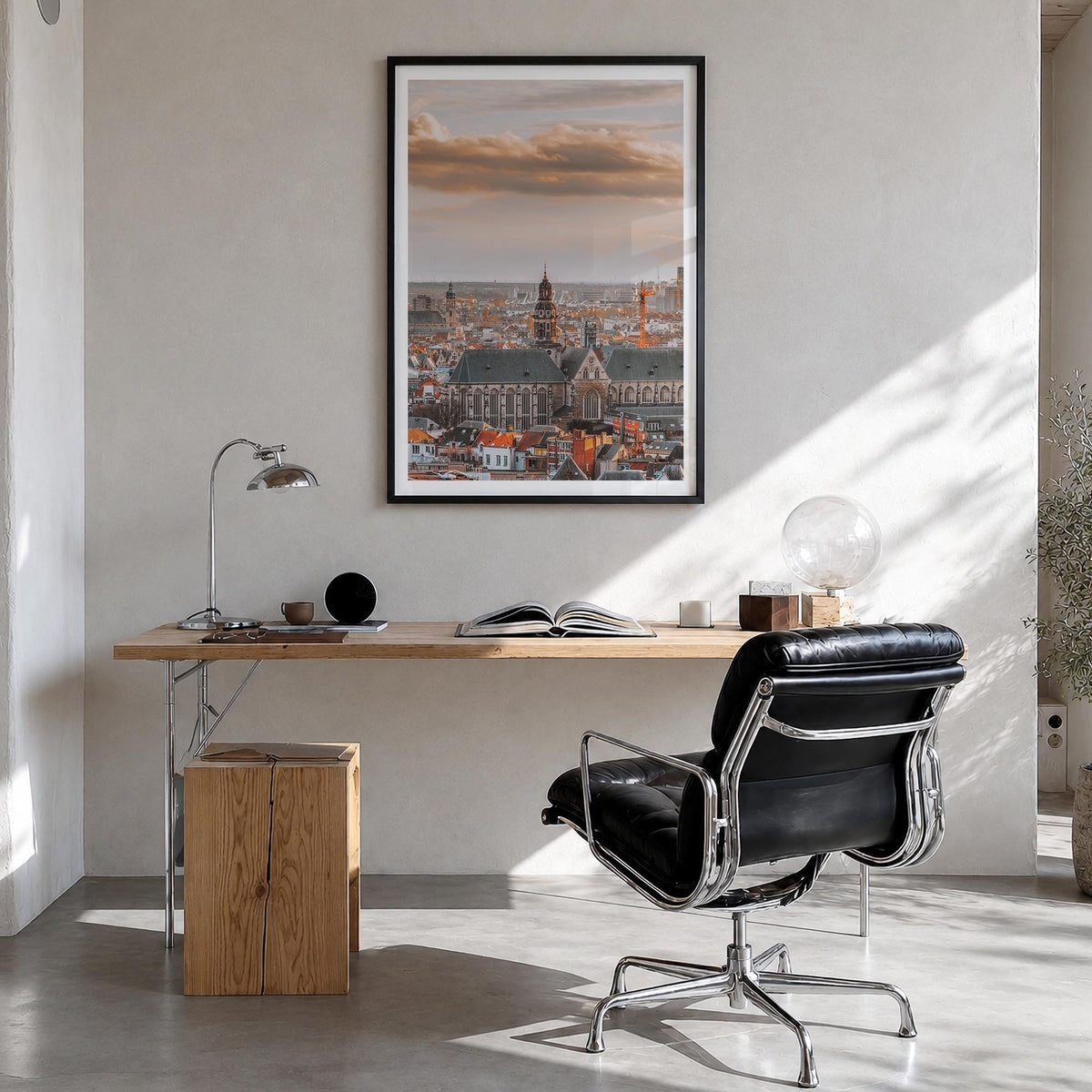 Antwerp colorful photo poster of Belgium – vertical wall art in black wood frame with white border, hanging on wall