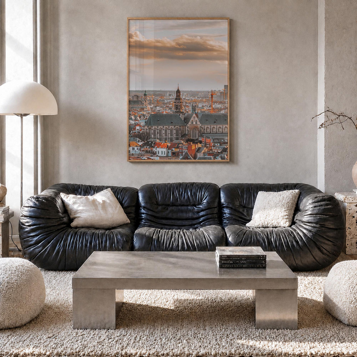 Antwerp colorful photo poster of Belgium – vertical wall art in natural wood frame, hanging on wall