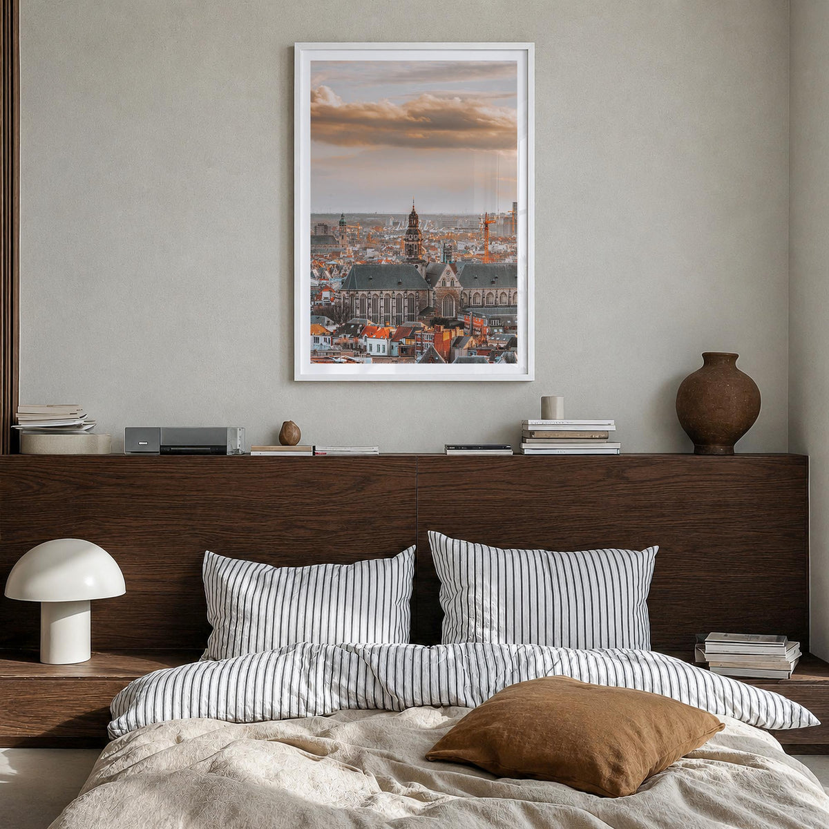 Antwerp colorful photo poster of Belgium – vertical wall art in white wood frame with white border, hanging on wall