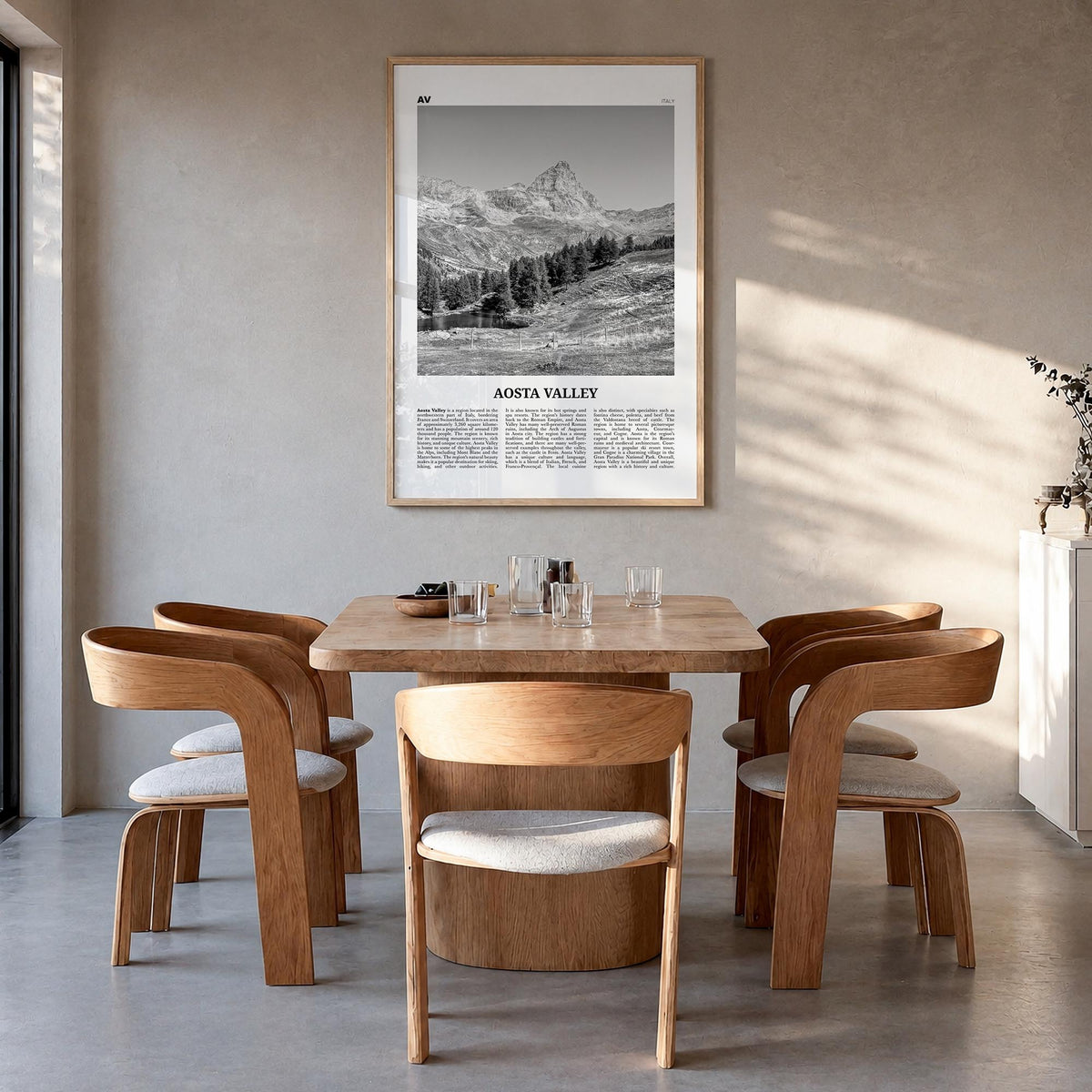 Aosta Valley black & white newspaper poster of Italy – vertical wall art in natural wood frame, hanging on wall