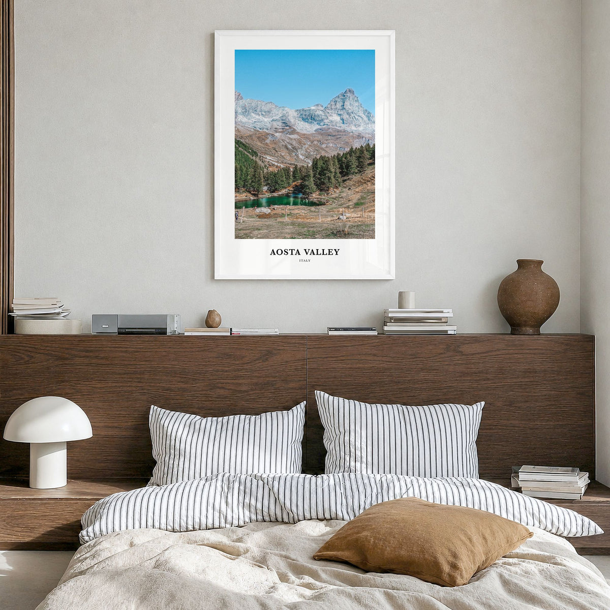 Aosta Valley Classic Poster in a white wood frame, hanging in a bedroom