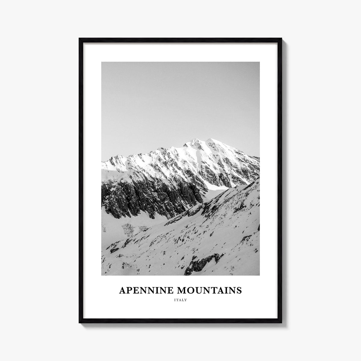 Apennine Mountains black & white classic poster of Italy – vertical wall art, unframed print shown in interior mockup