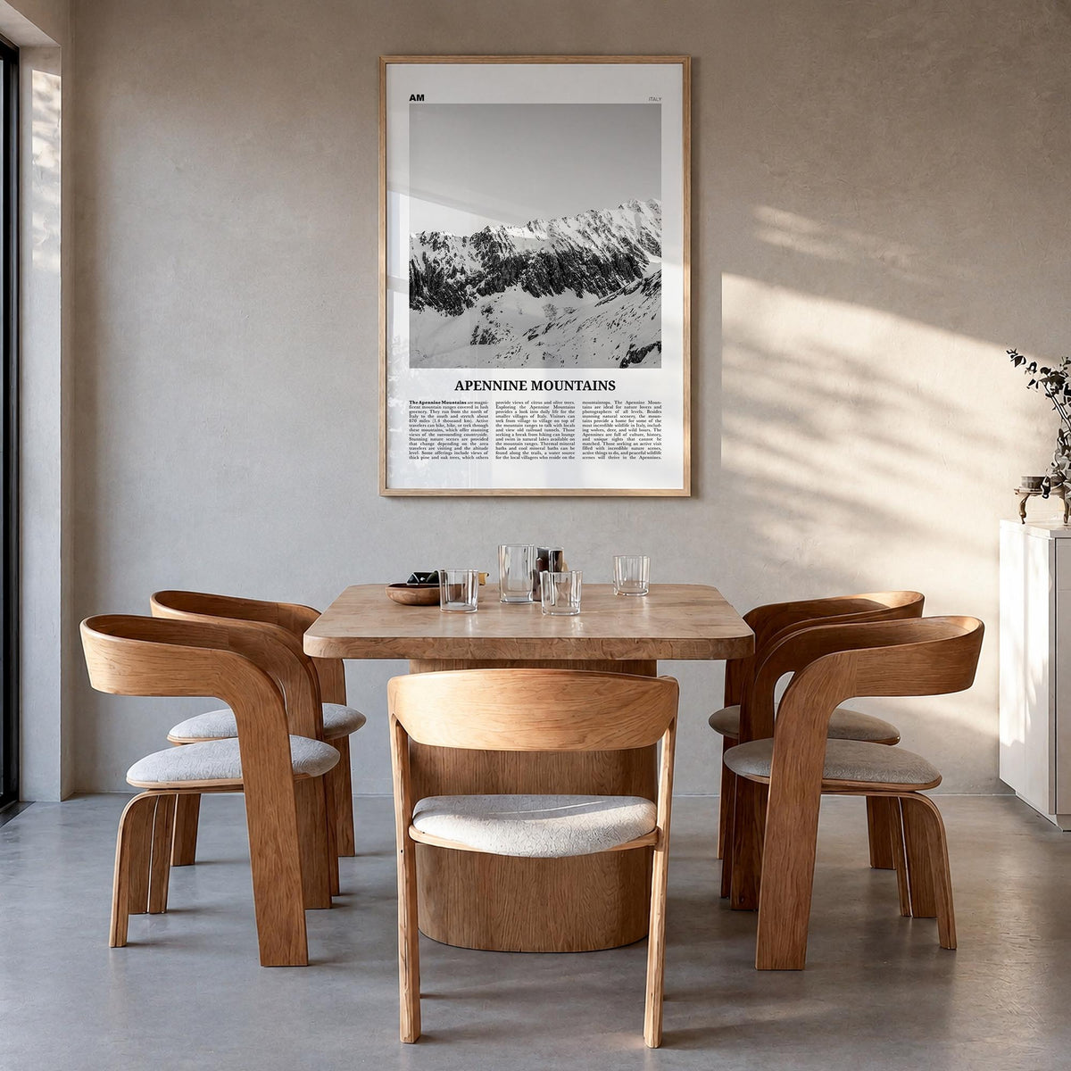 Apennine Mountains black & white newspaper poster of Italy – vertical wall art in natural wood frame, hanging on wall