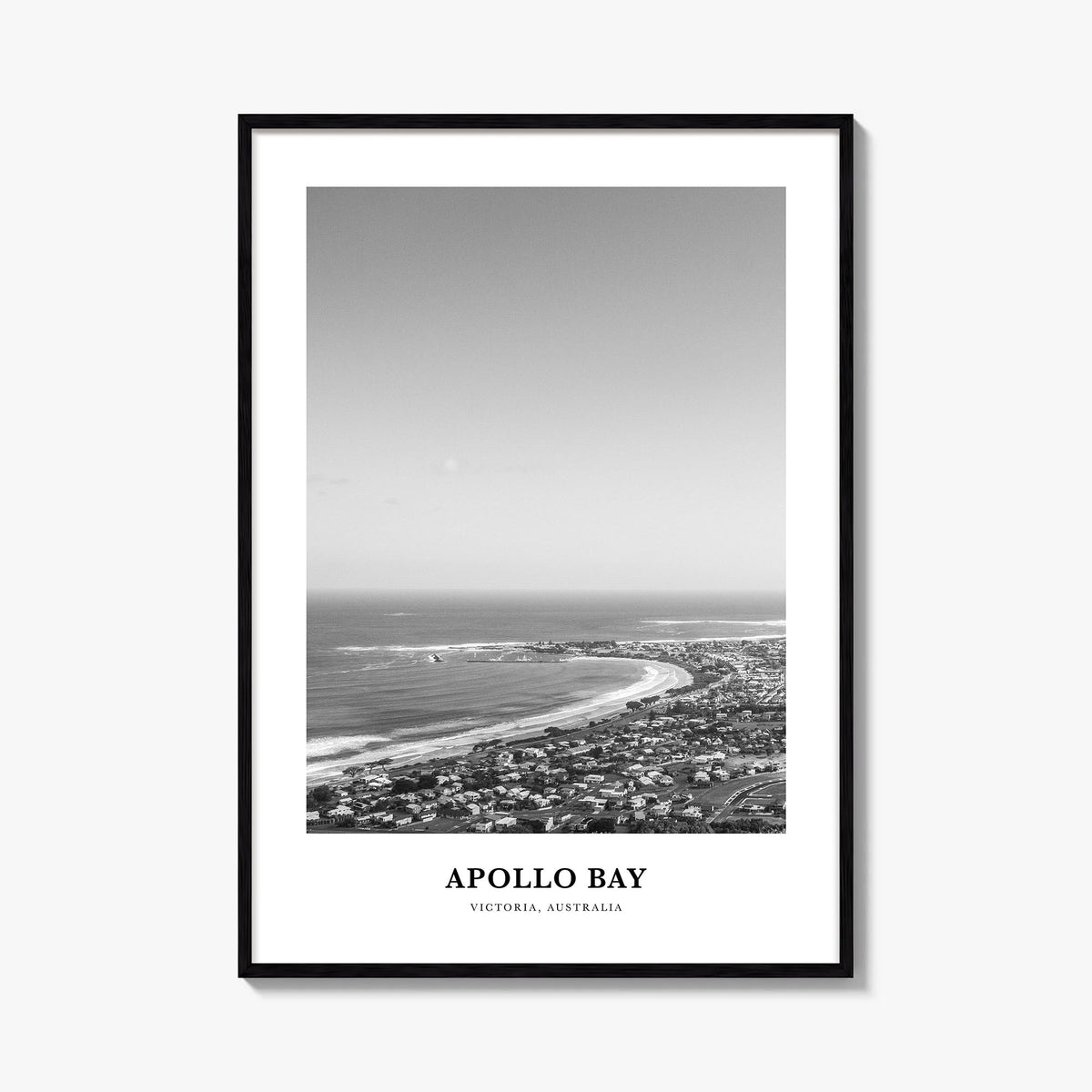 Apollo Bay black & white classic poster of Victoria, Australia – vertical wall art, unframed print shown in interior mockup