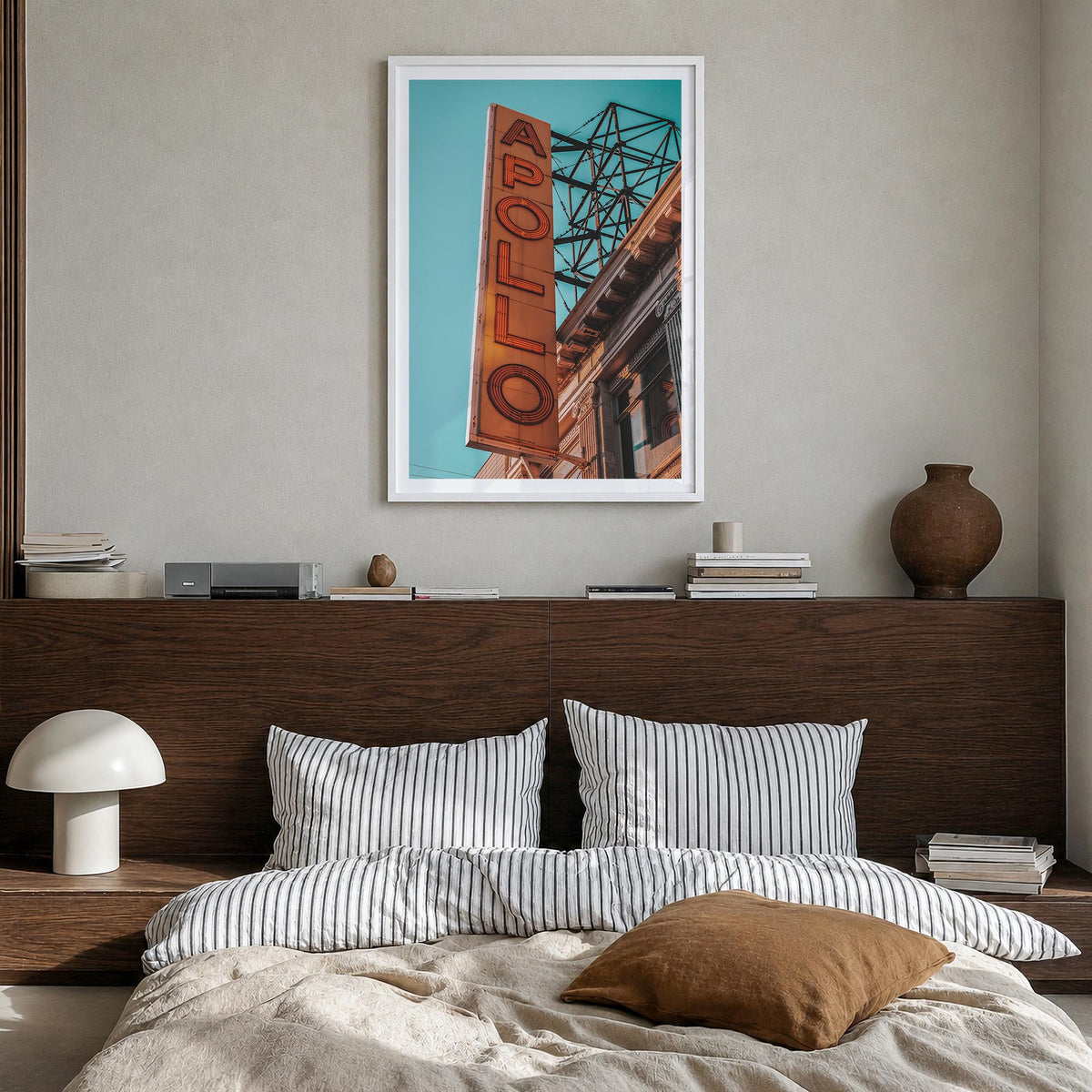 Apollo Theater colorful photo poster – vertical wall art in white wood frame with white border, hanging on wall