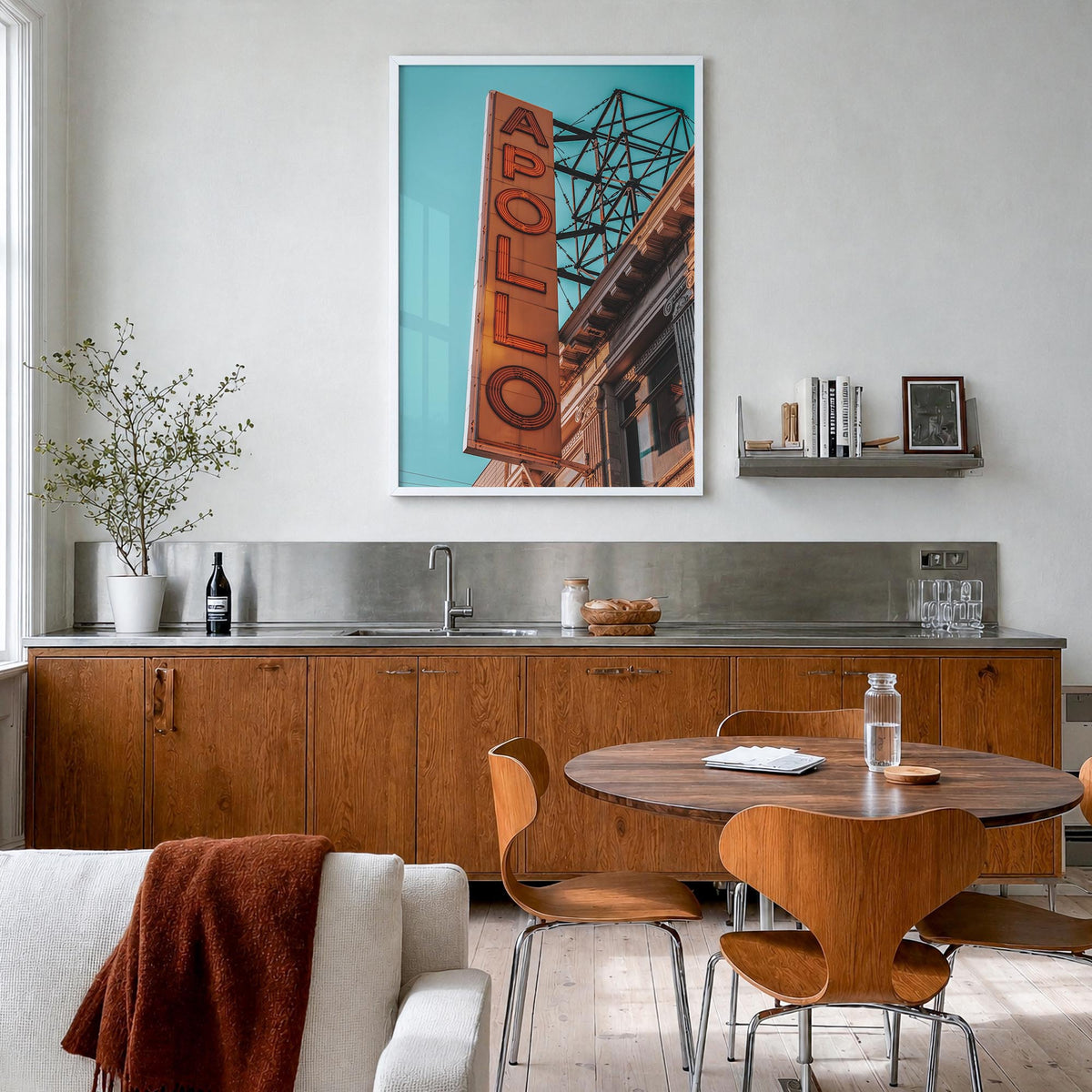 Apollo Theater colorful photo poster – vertical wall art in white wood frame, hanging on wall