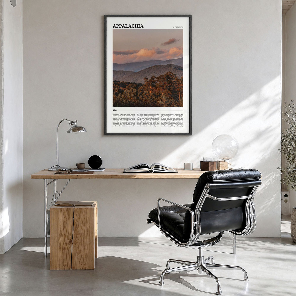 Appalachia Travel Poster in a black wood frame, hanging in a bright home office