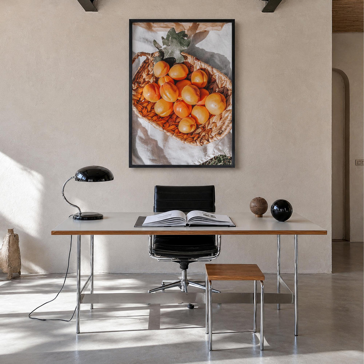 Apricots colorful photo poster – vertical wall art in black wood frame, hanging on wall