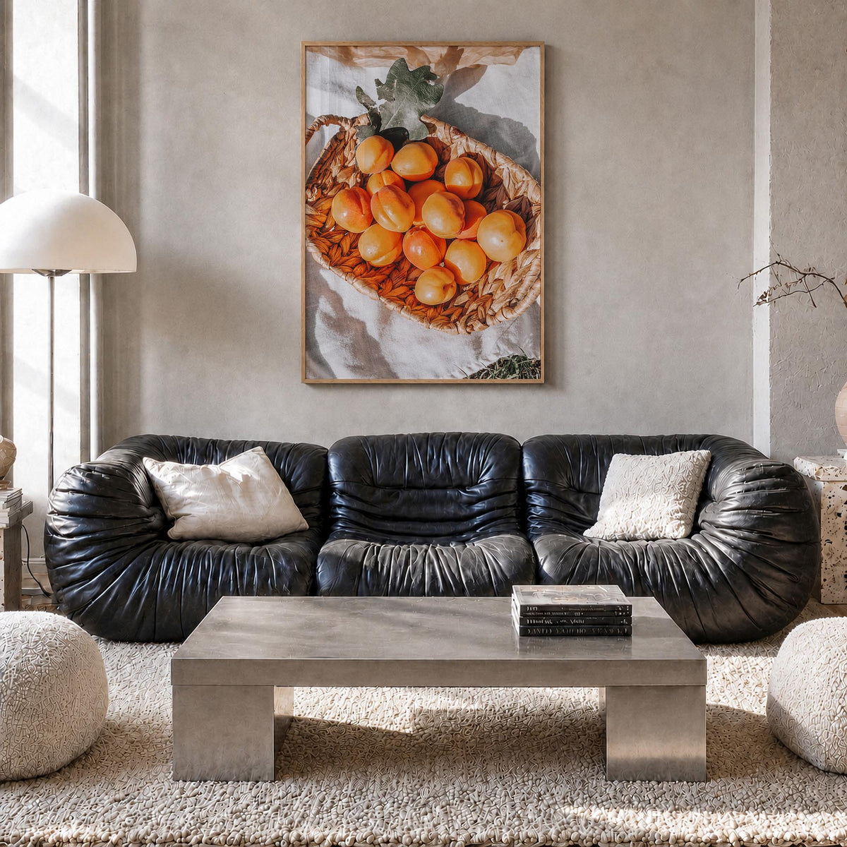 Apricots colorful photo poster – vertical wall art in natural wood frame, hanging on wall