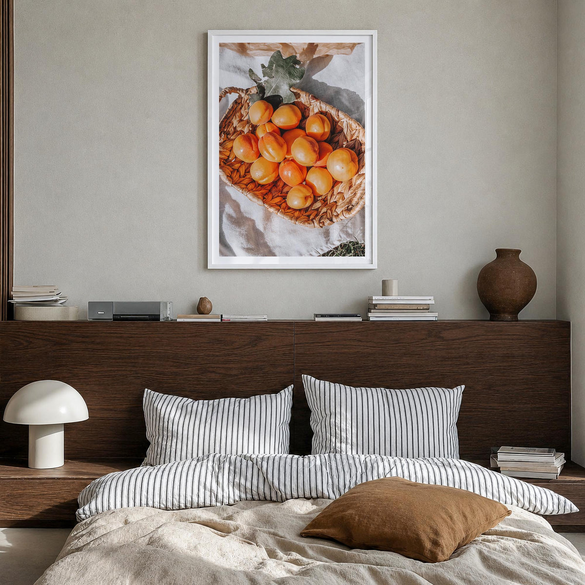 Apricots colorful photo poster – vertical wall art in white wood frame with white border, hanging on wall