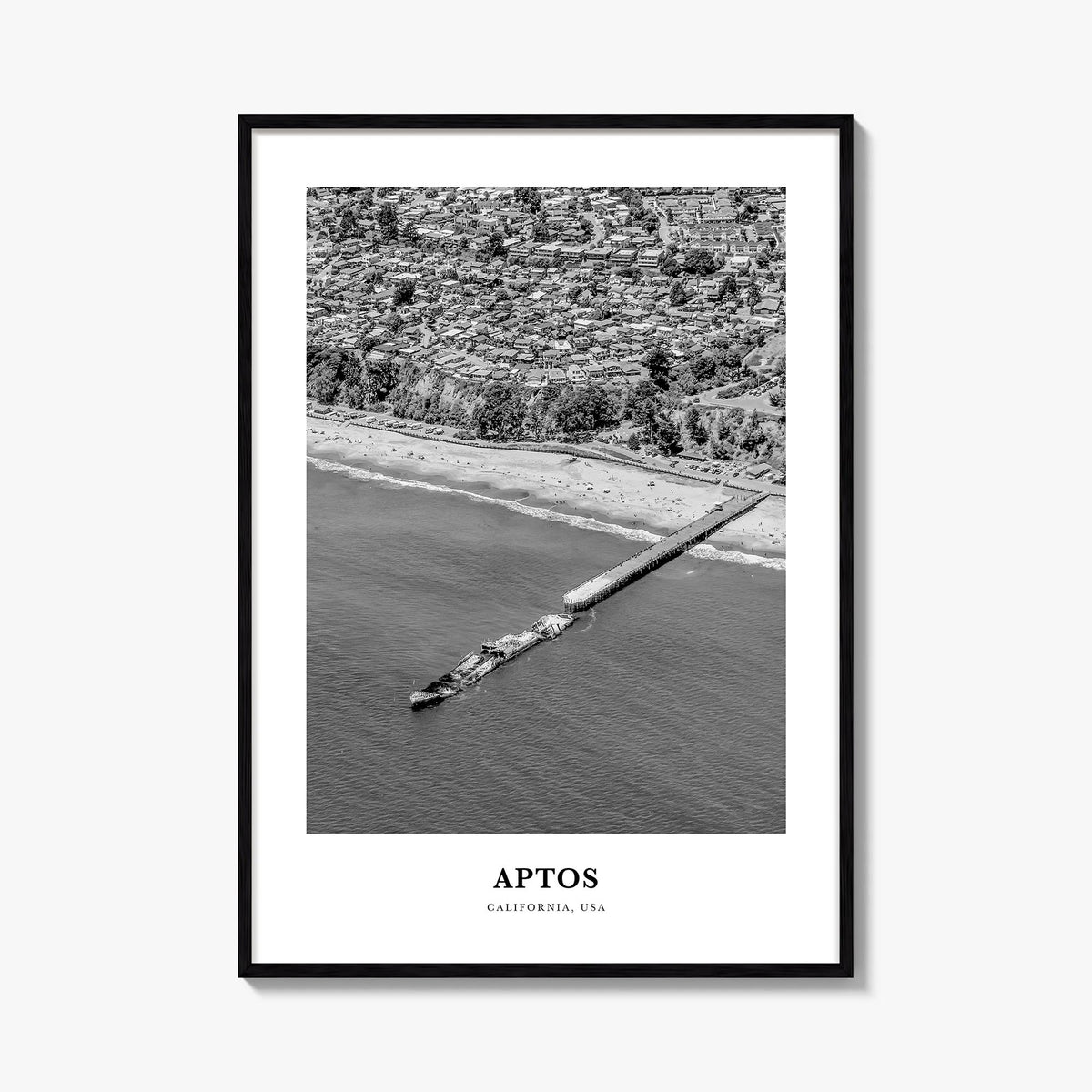 Aptos black & white classic poster of California, USA – vertical wall art, unframed print shown in interior mockup