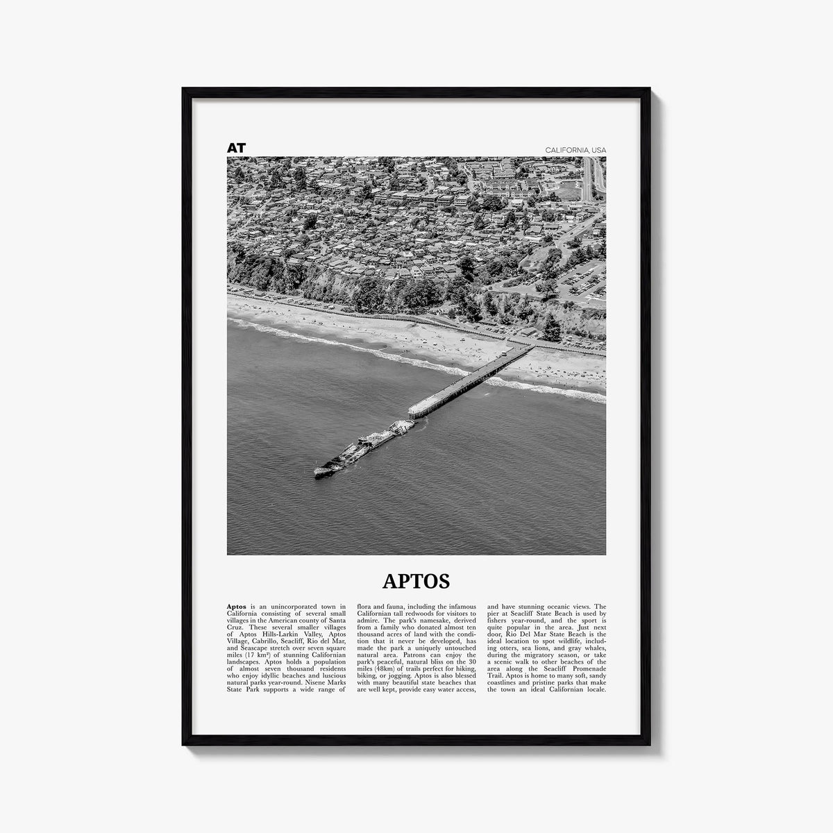 Aptos black & white newspaper poster of California, USA – vertical wall art, unframed print shown in interior mockup