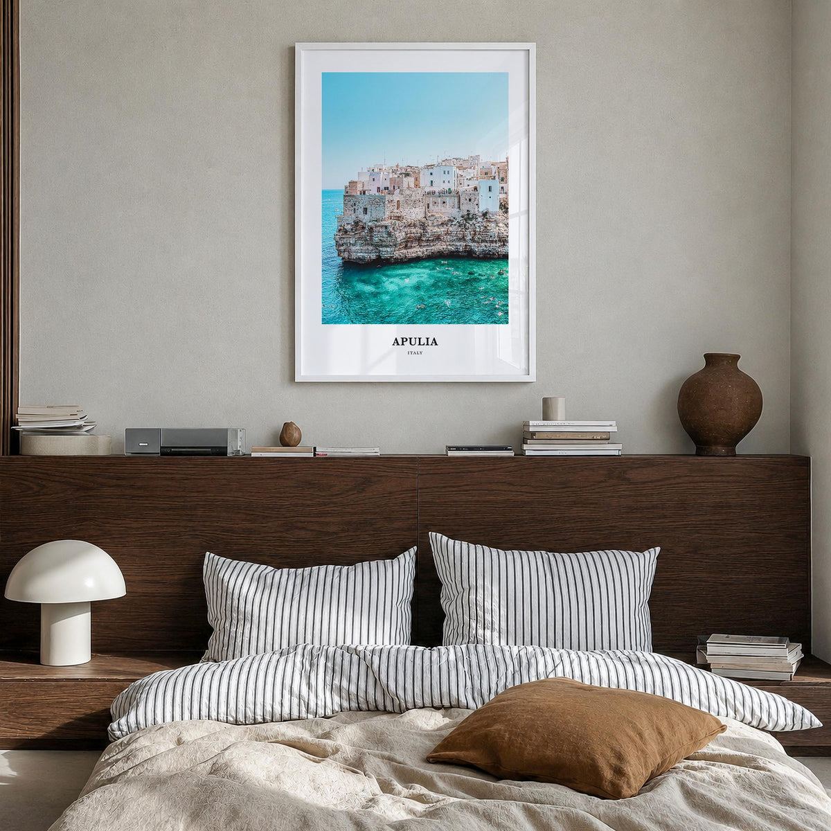 Puglia no. 1 colorful classic poster of Italy – vertical wall art in white wood frame, hanging on wall