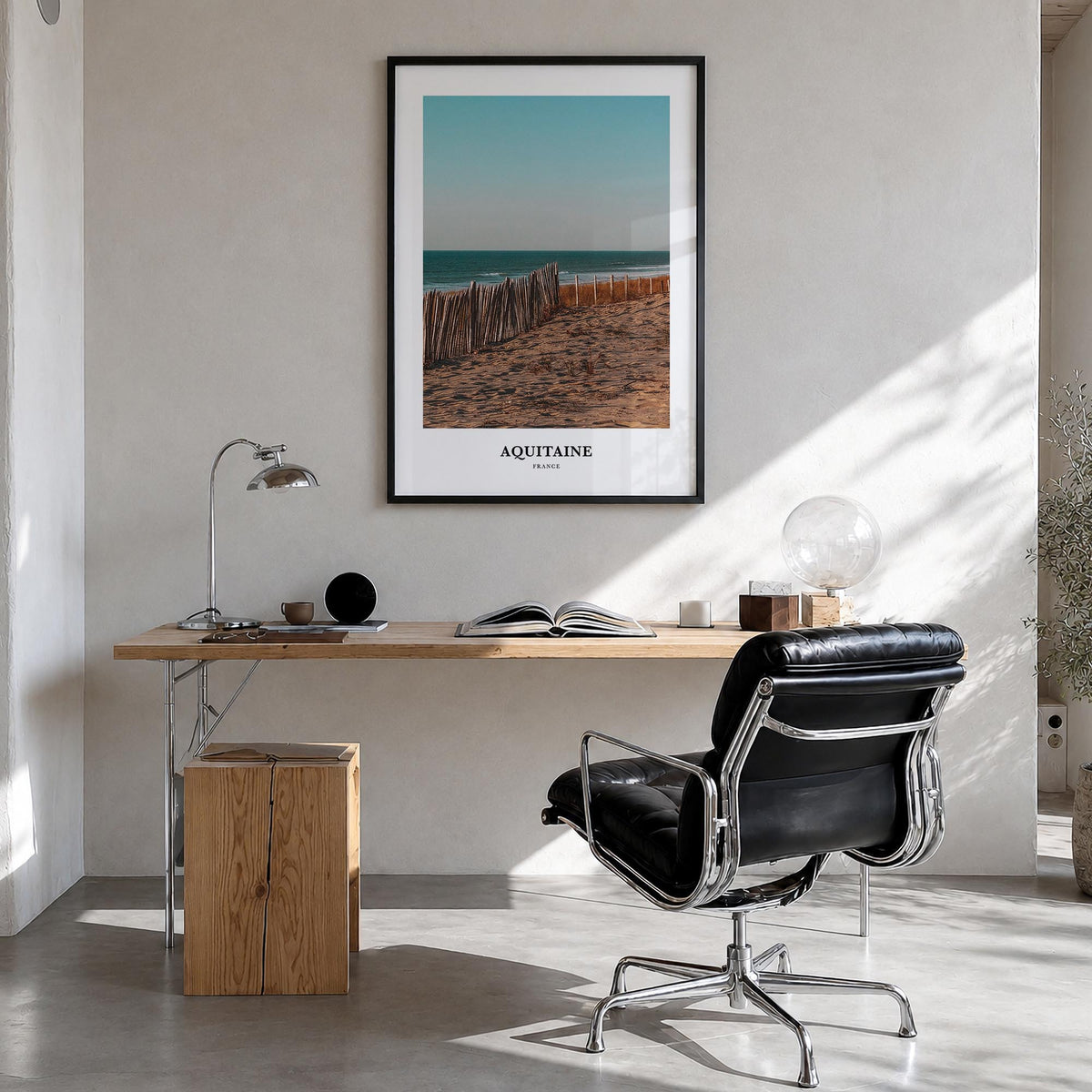 Aquitaine colorful classic poster of France – vertical wall art in black wood frame, hanging on wall