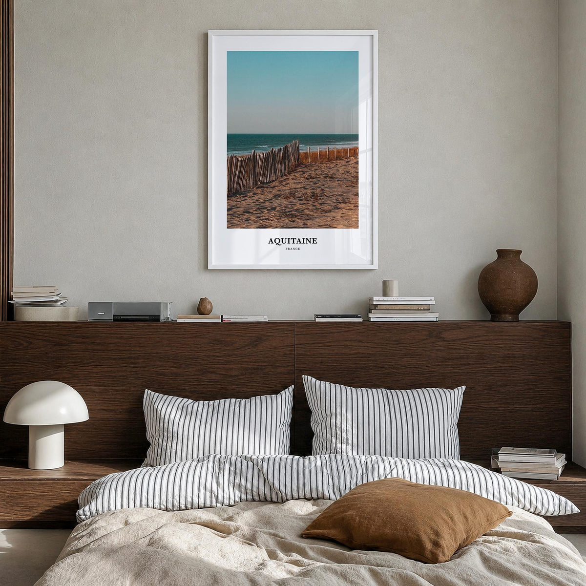 Aquitaine colorful classic poster of France – vertical wall art in white wood frame, hanging on wall