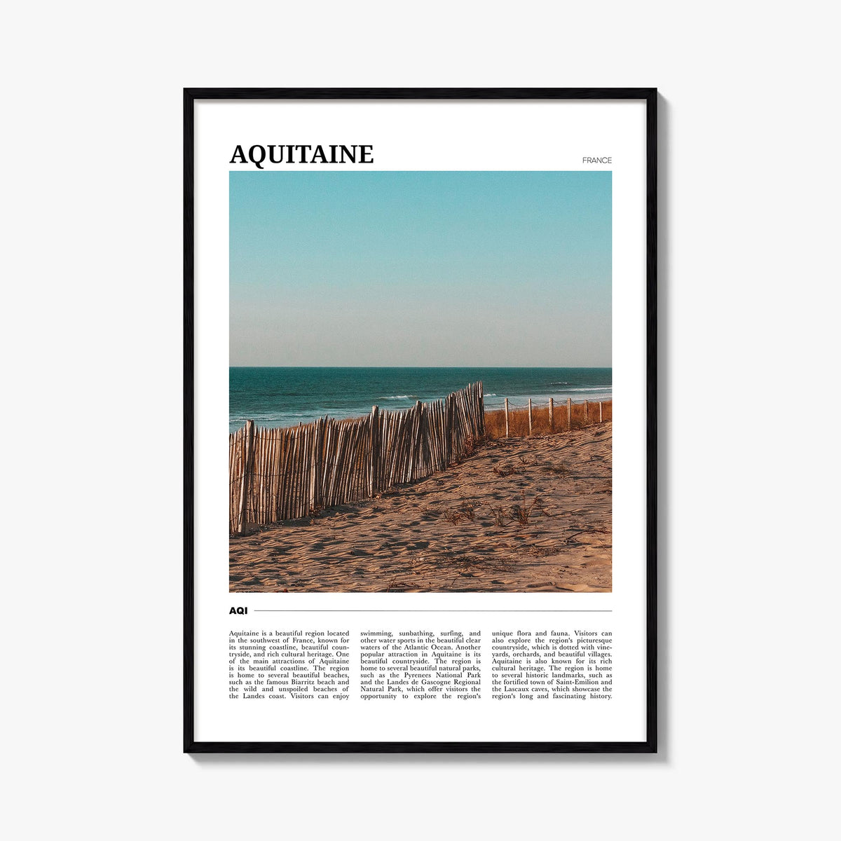 Aquitaine colorful travel poster of France – vertical wall art, unframed print shown in interior mockup