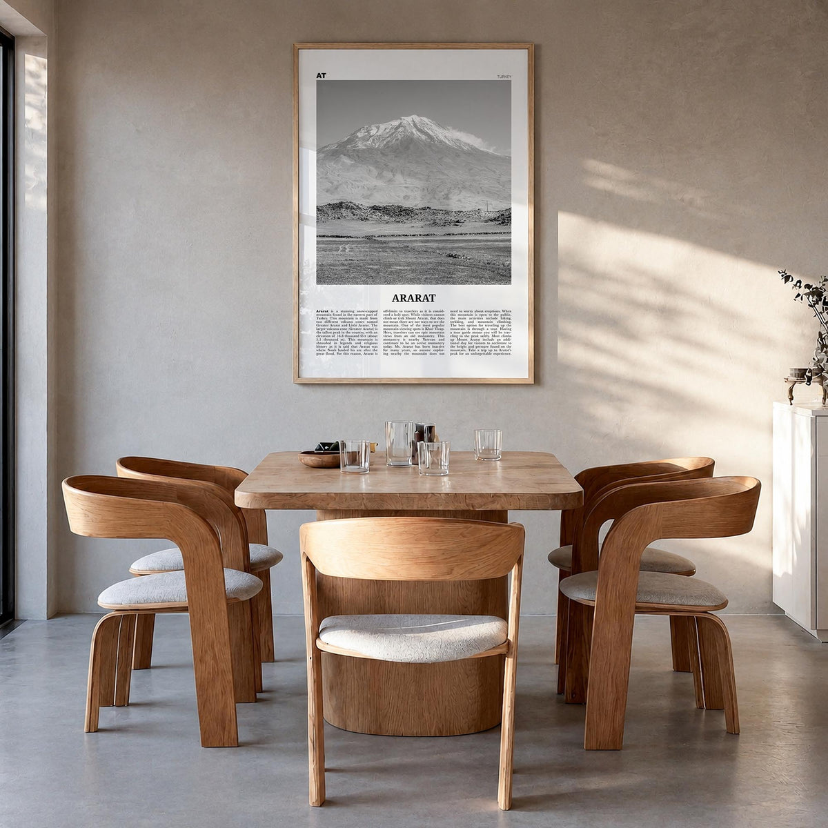 Ararat black & white newspaper poster of Armenia – vertical wall art in natural wood frame, hanging on wall