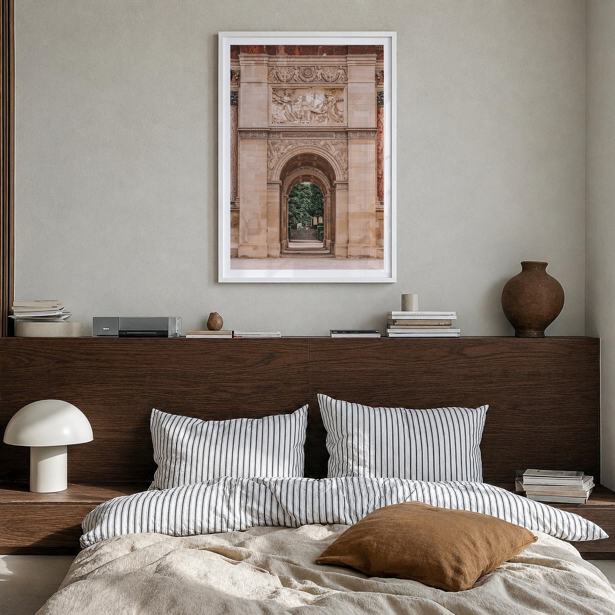 Arc de Triomphe colorful photo poster – vertical wall art in white wood frame with white border, hanging on wall