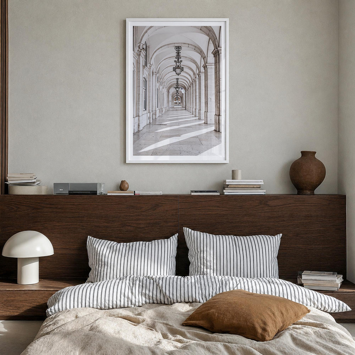 Arch no. 1 colorful photo poster – vertical wall art in white wood frame with white border, hanging on wall