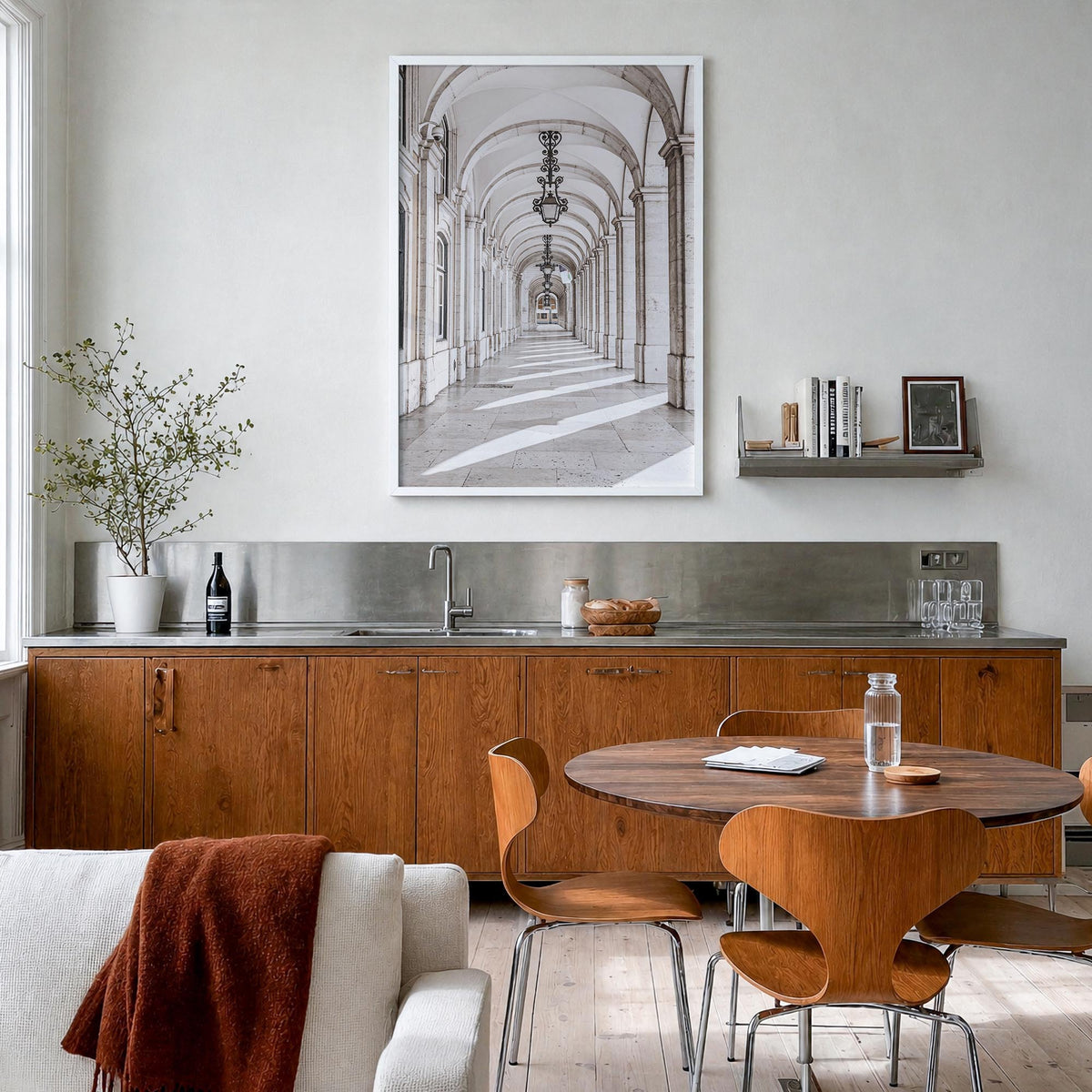 Arch no. 1 colorful photo poster – vertical wall art in white wood frame, hanging on wall