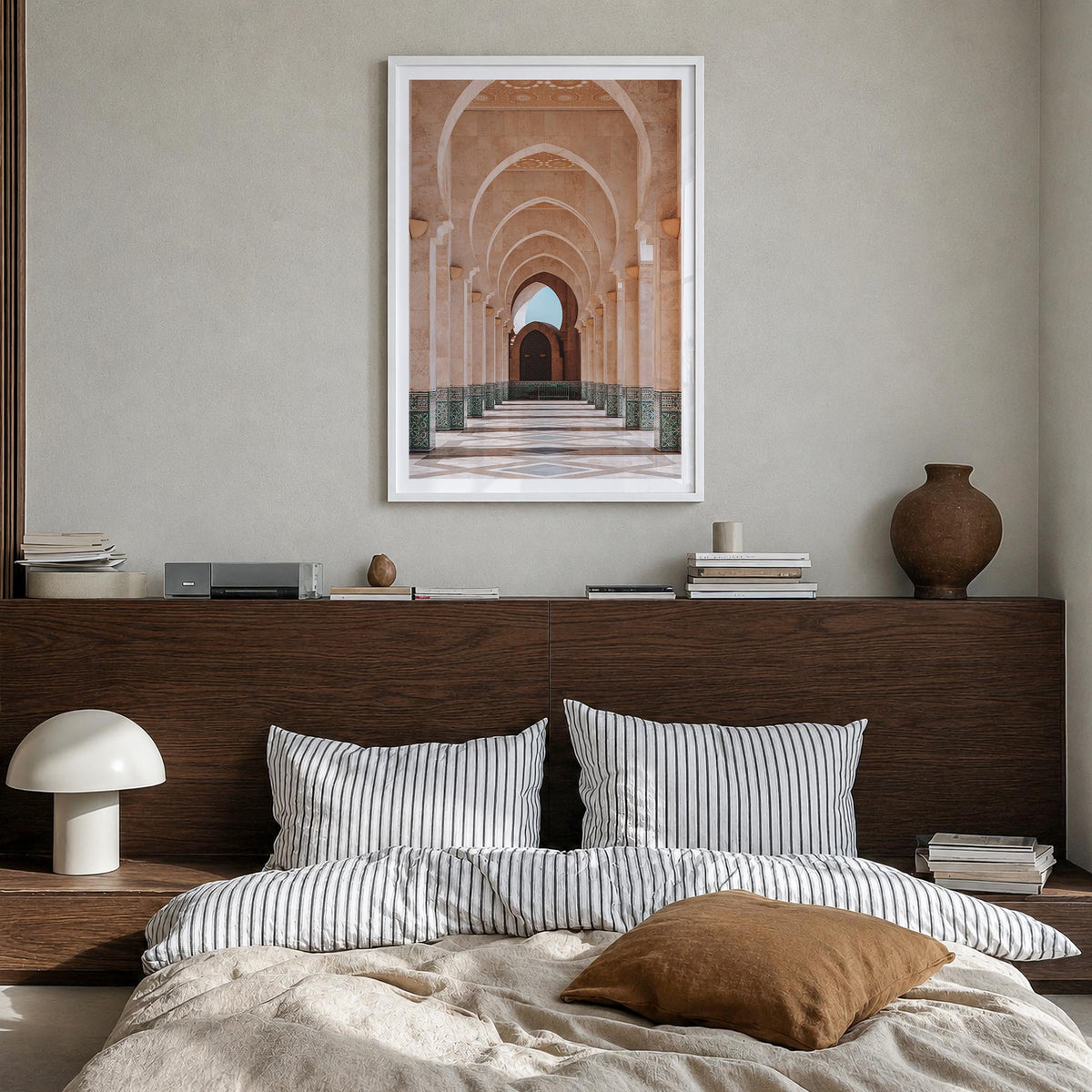 Arch no. 2 colorful photo poster – vertical wall art in white wood frame with white border, hanging on wall