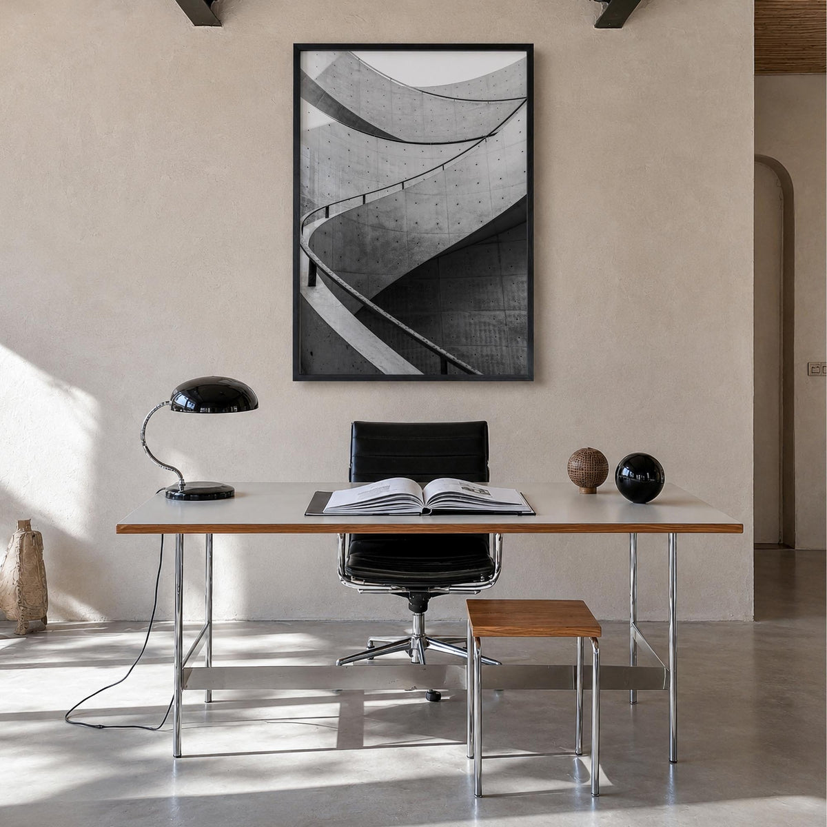Architecture no. 1 black & white photo poster – vertical wall art in black wood frame, hanging on wall