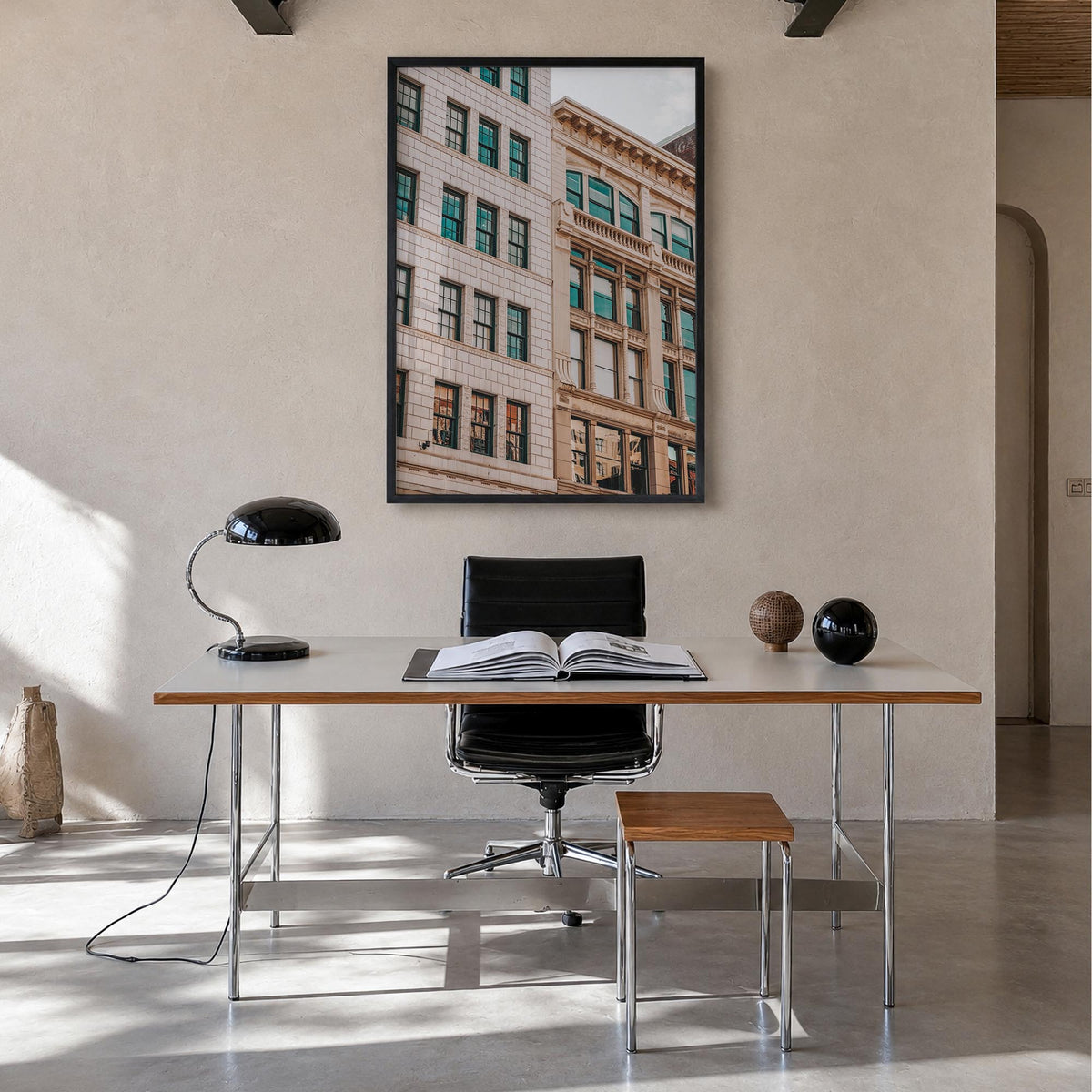 Architecture no. 1 colorful photo poster – vertical wall art in black wood frame, hanging on wall