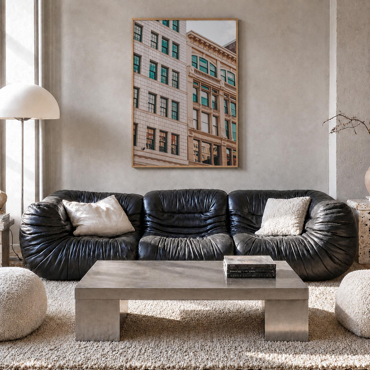 Architecture no. 1 colorful photo poster – vertical wall art in natural wood frame, hanging on wall