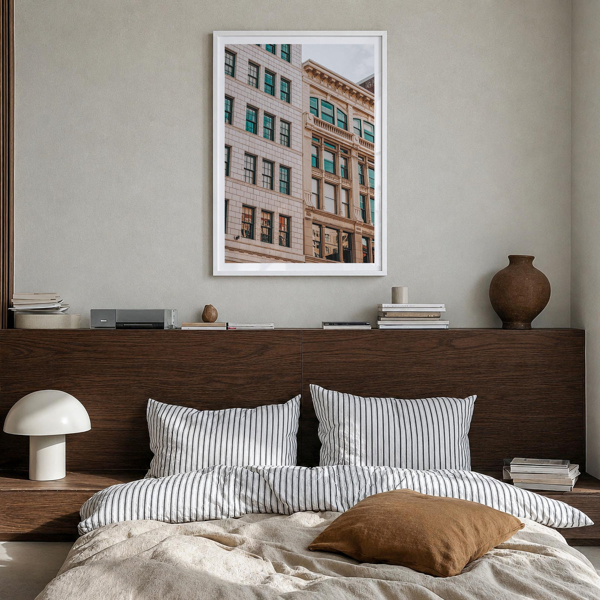 Architecture no. 1 colorful photo poster – vertical wall art in white wood frame with white border, hanging on wall