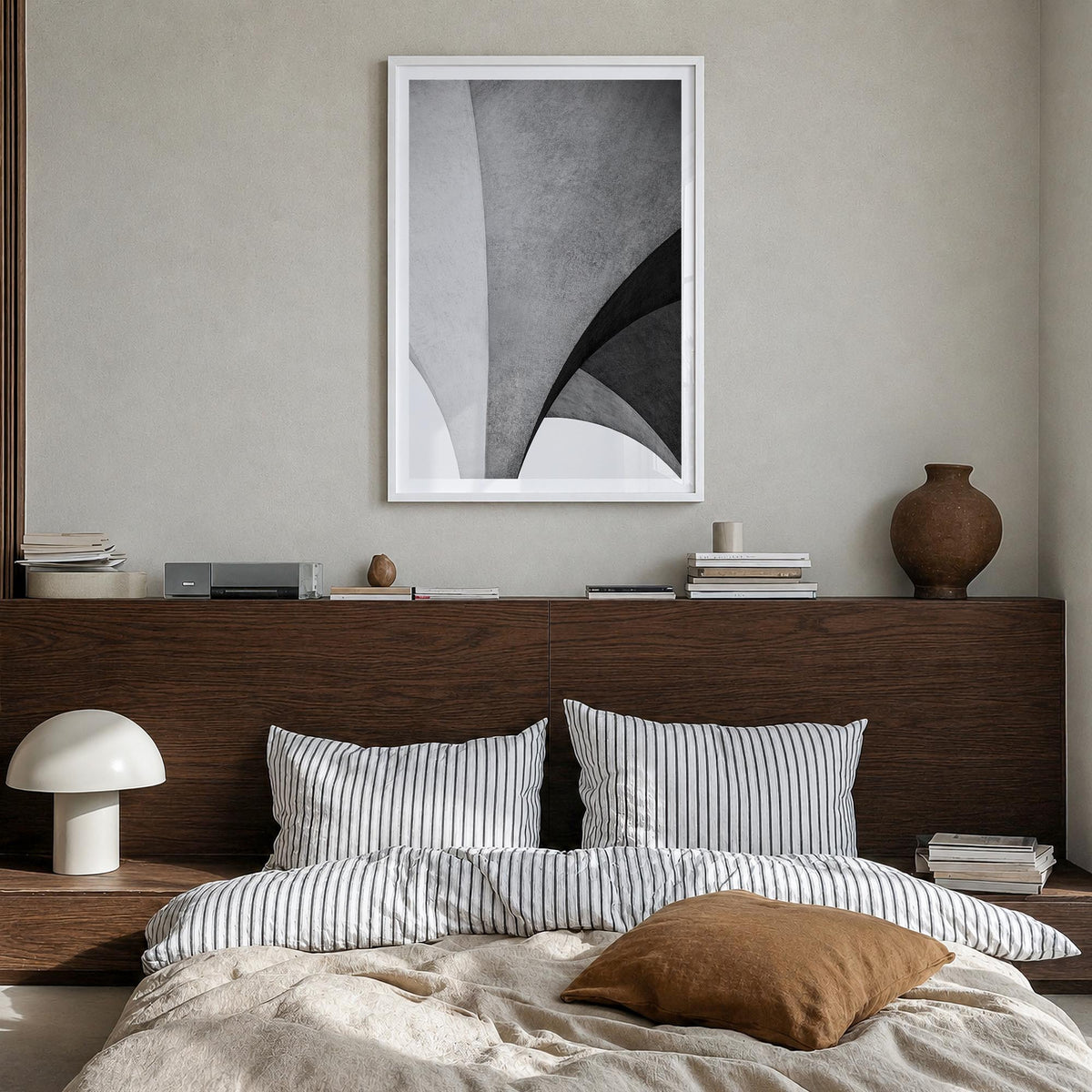 Architecture no. 2 black & white photo poster – vertical wall art in white wood frame with white border, hanging on wall