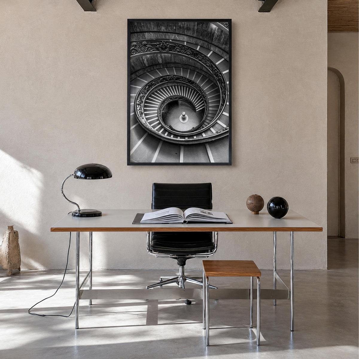 Architecture no. 3 black & white photo poster – vertical wall art in black wood frame, hanging on wall