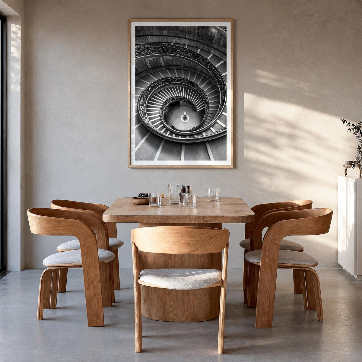 Architecture no. 3 black & white photo poster – vertical wall art in natural wood frame with white border, hanging on wall