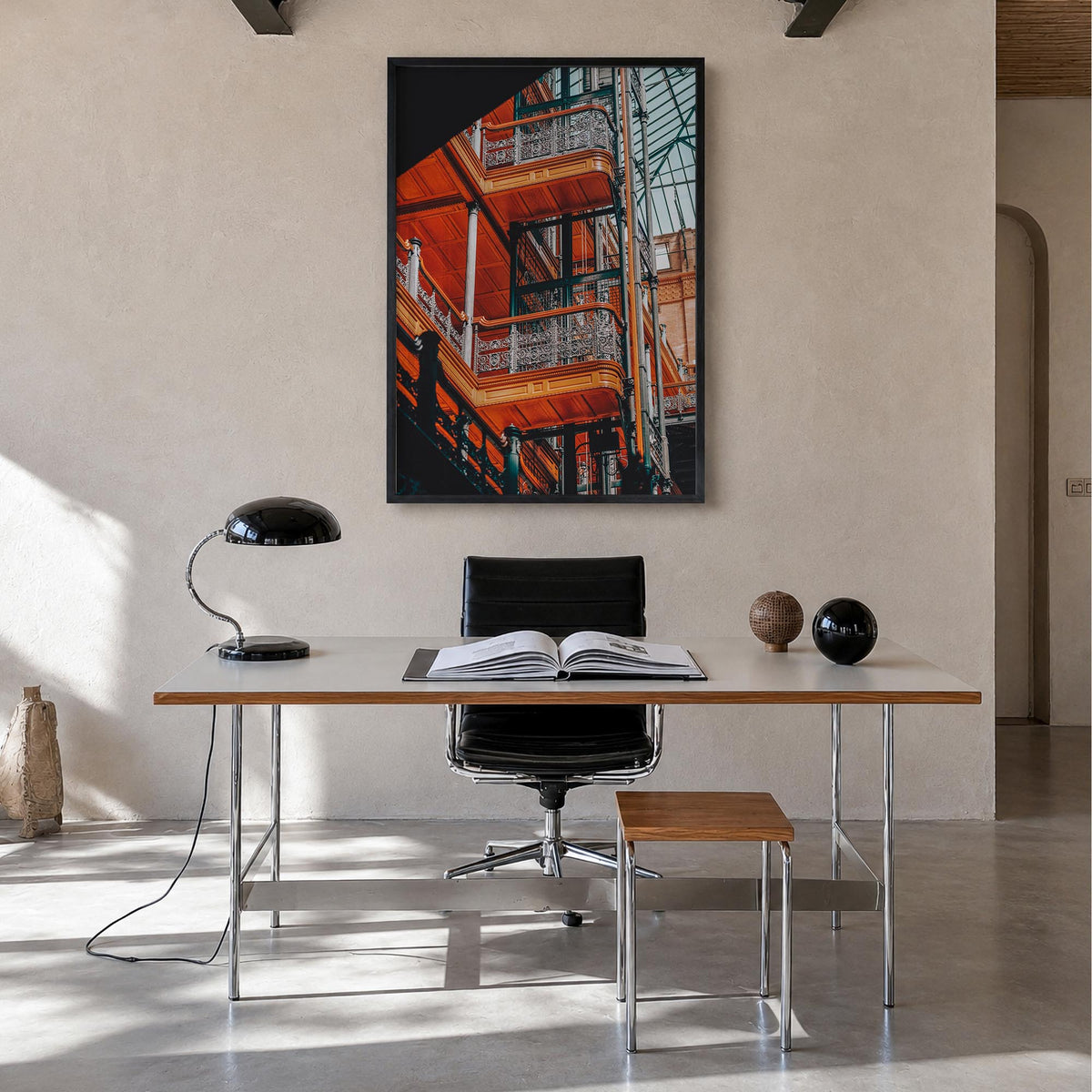 Architecture no. 3 colorful photo poster – vertical wall art in black wood frame, hanging on wall