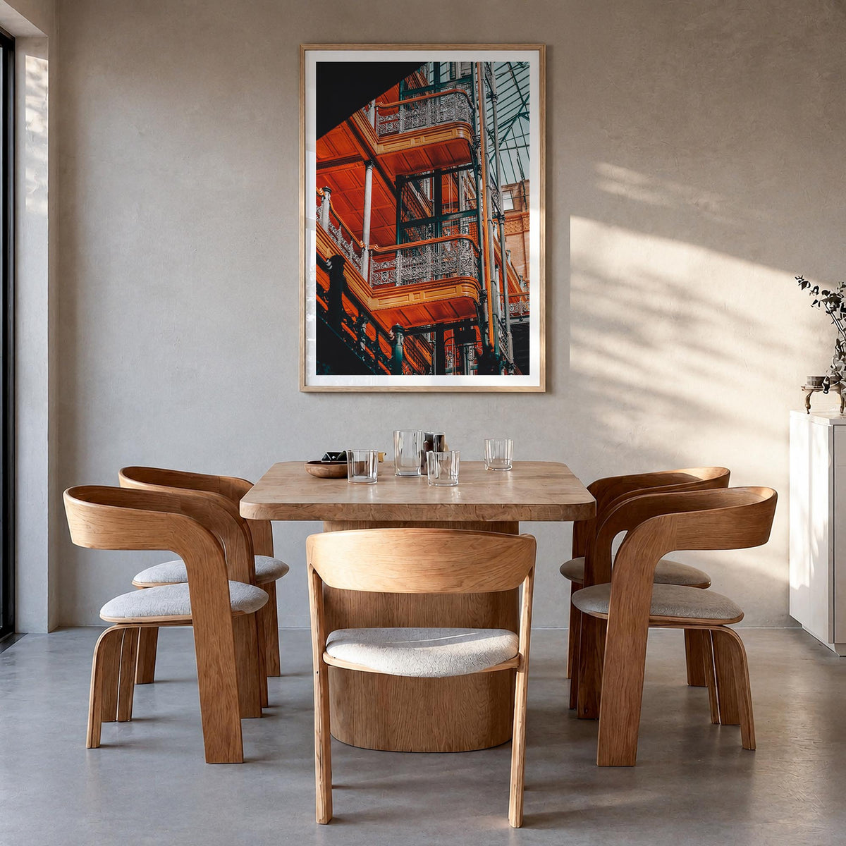 Architecture no. 3 colorful photo poster – vertical wall art in natural wood frame with white border, hanging on wall