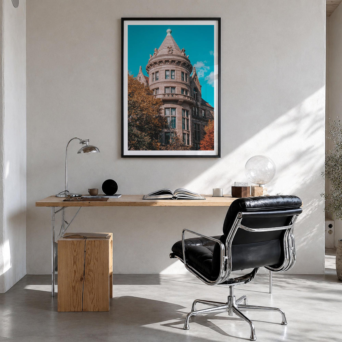 Architecture no. 5 colorful photo poster – vertical wall art in black wood frame with white border, hanging on wall