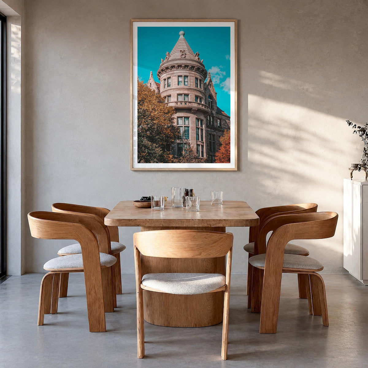 Architecture no. 5 colorful photo poster – vertical wall art in natural wood frame with white border, hanging on wall