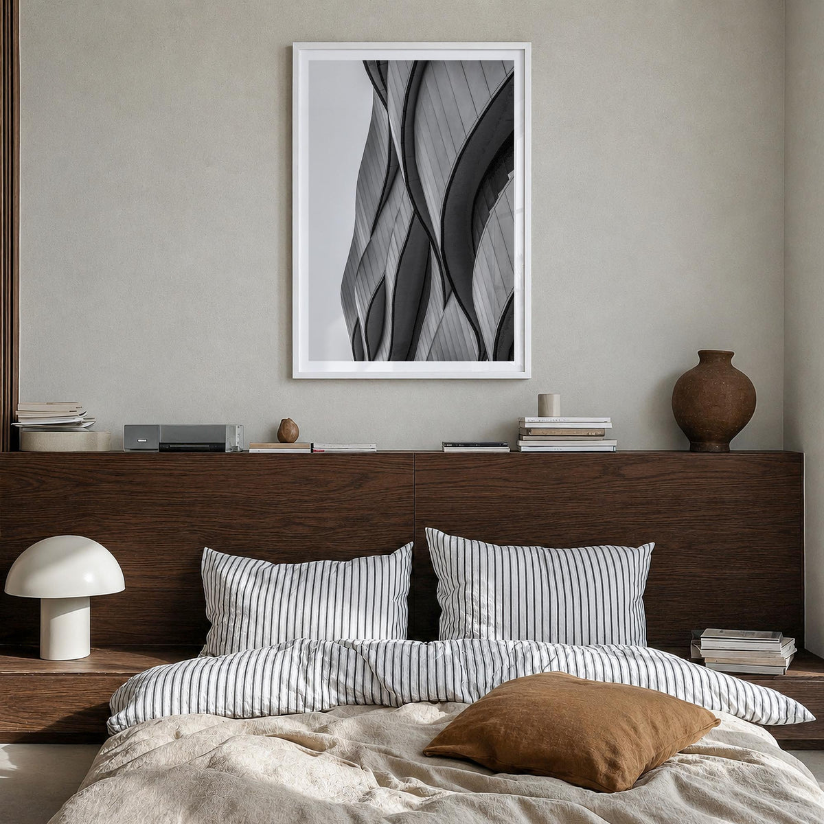 Architecture no. 6 black & white photo poster – vertical wall art in white wood frame with white border, hanging on wall