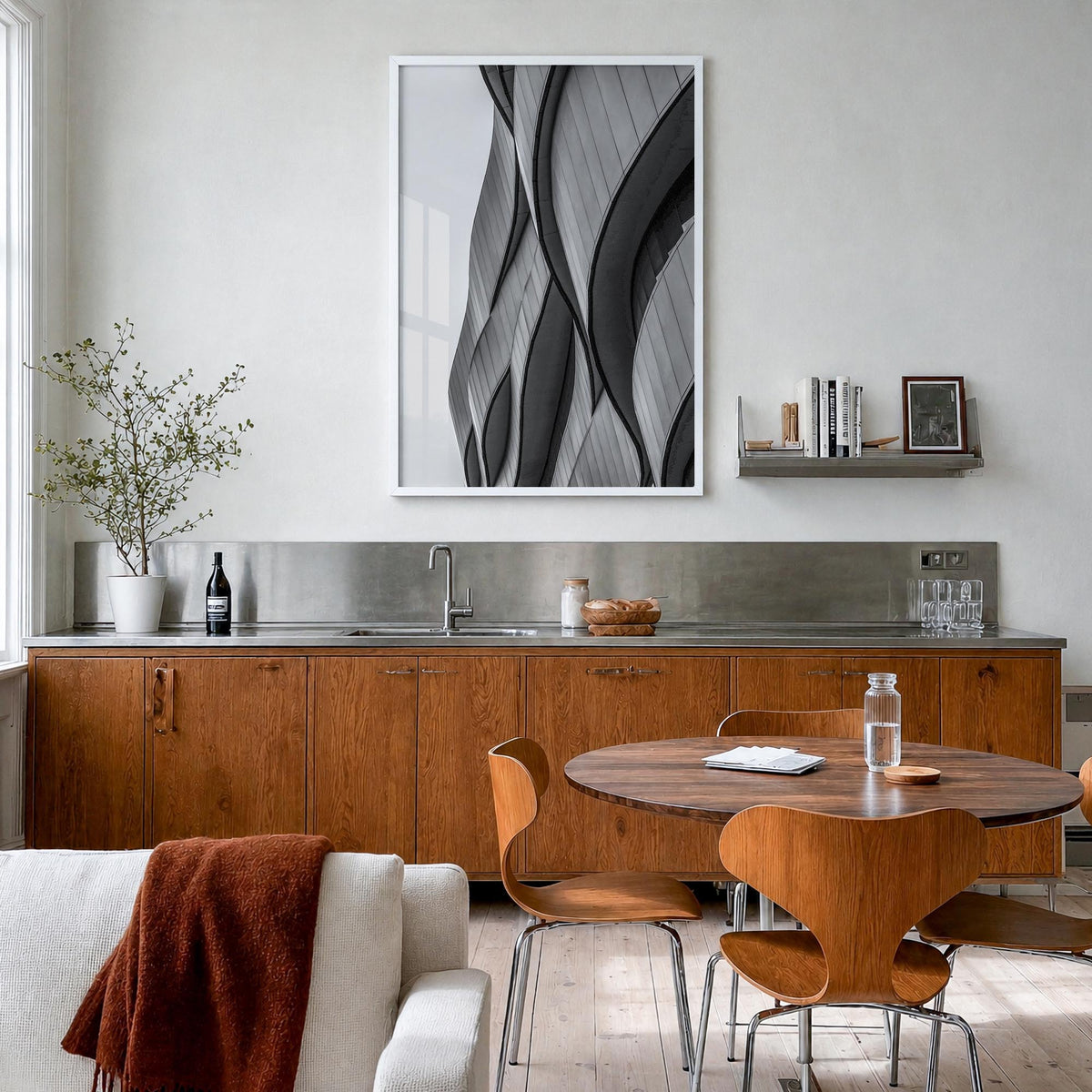 Architecture no. 6 black & white photo poster – vertical wall art in white wood frame, hanging on wall