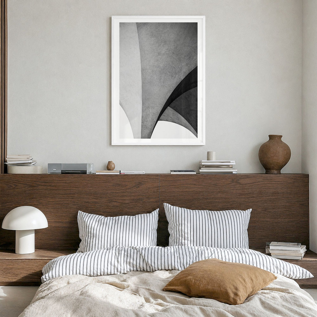 Architecture Photo No 2 Poster in a white wood frame, hanging in a bedroom, white border